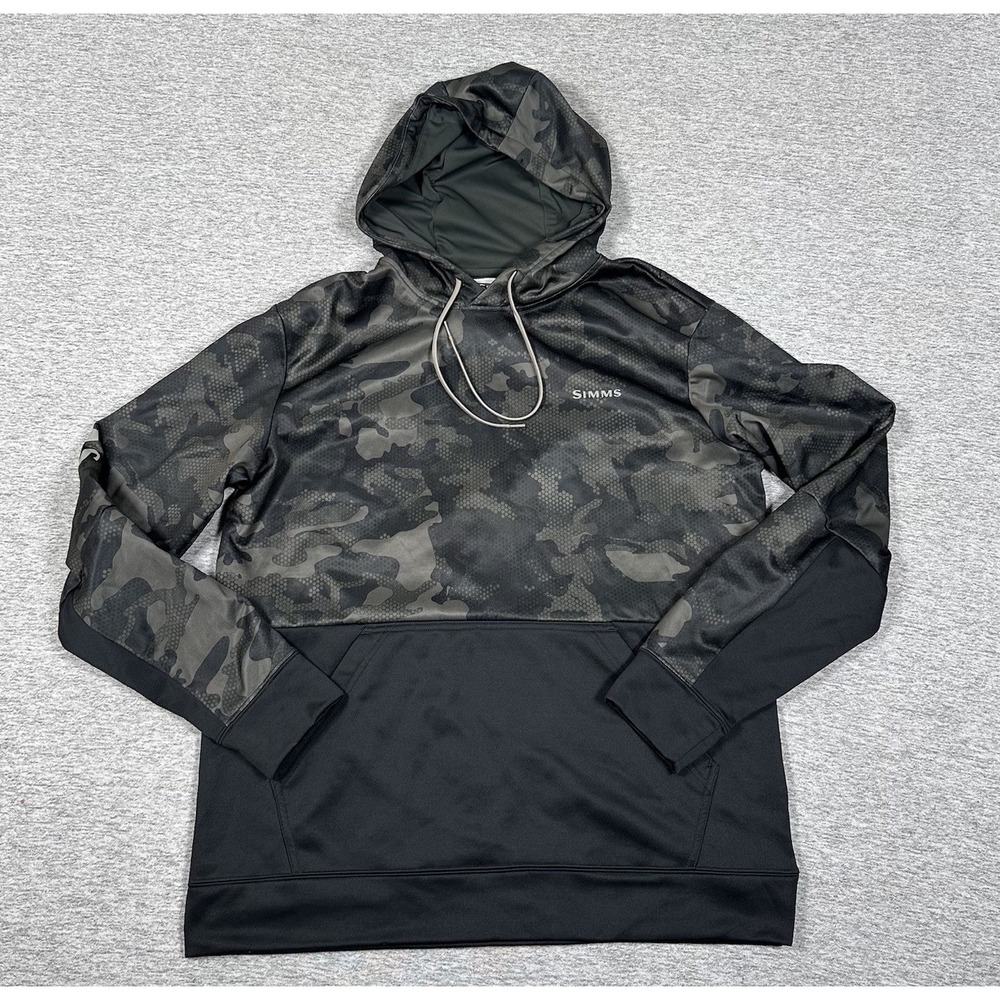 Simms Hoodie Mens Size Medium Gray Black Camo Pullover Outdoor Sweatshirt